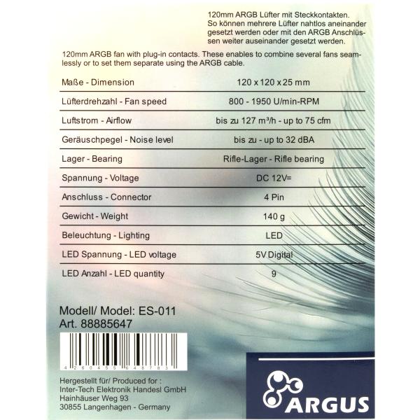 Gehäuse-Lüfter Argus ES-011 RGB-Lüfter mit Stecksystem